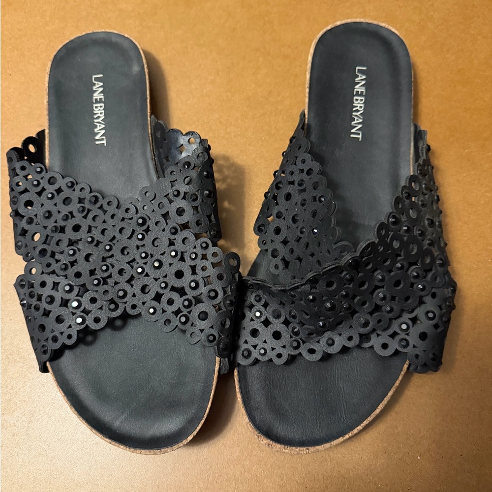 12w Lane Bryant Black Laser-Cut Slide Sandals with Floral Cutouts - Picture 7 of 8